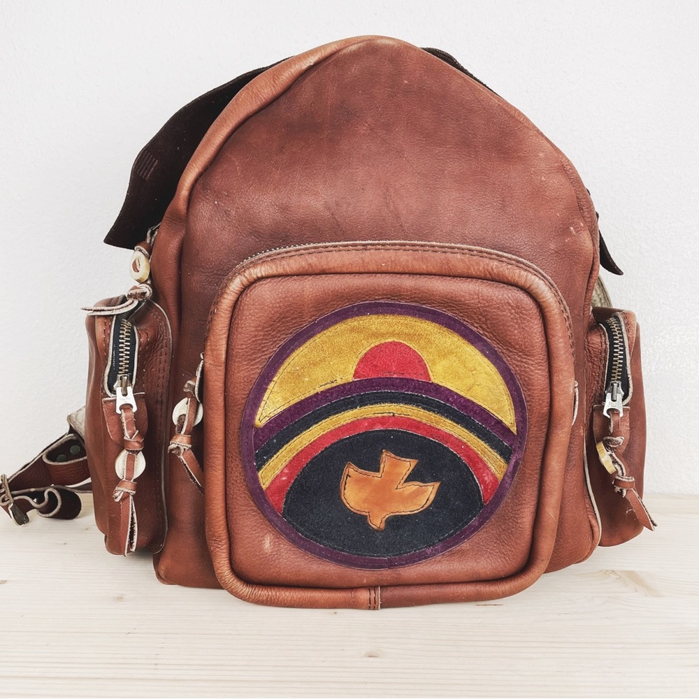 Vintage 60's Leather Backpack Rucksack Sherpa Woodstock Hippie
